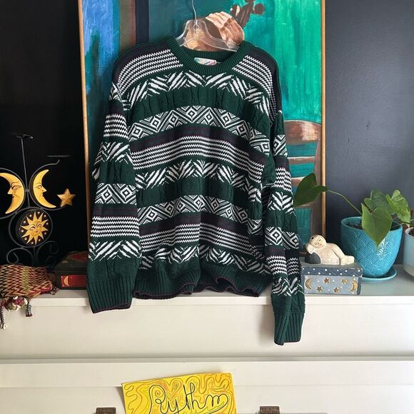 Vintage Men's Geometric Pattern Crewneck Sweater - Green and White - L - Picture 16 of 16